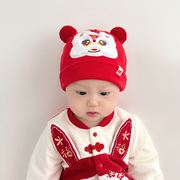 0-8个月新生儿帽子秋冬3婴儿加厚纯棉胎帽新年红色宝宝护囟门醒狮