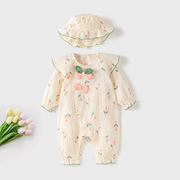 婴儿衣服春秋女宝宝连体衣，春夏季套装纯棉公主，0一3满月外出服春装