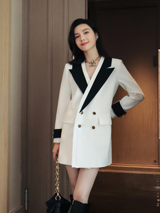 时尚经典黑白撞色原创设计感西装外套气质优雅显瘦中长款西服裙女