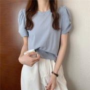 韩国蓝色法式泡泡袖上衣女夏季2024年甜美减龄设计感圆领短袖t恤