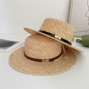 拉菲草帽子女手工编织皮带平沿小礼帽英伦法式遮阳防晒海边沙滩帽