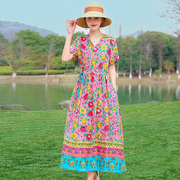 夏季洋气波西米亚棉绸连衣裙中长款妈妈装旅游减龄时尚沙滩裙