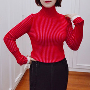 半高领秋冬毛衣女装通勤打底衫坑条修身大红色羊毛衫长袖套头针织