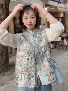 新中式国风碎花马甲圆领蕾丝衬衫，女春夏法式气质，百搭显瘦上衣