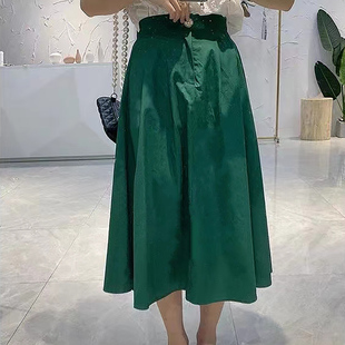 绿色a字半身裙，2022年春夏韩版通勤高腰薄款中长款纯色伞裙女