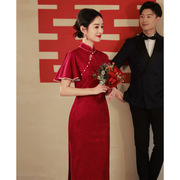 新娘中式回门订婚礼服女酒红色敬酒服2023春夏季结婚改良旗袍