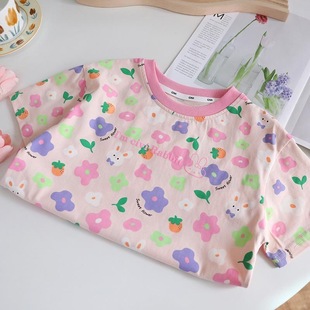 洋气夏季女童甜美可爱花朵小兔短袖T恤儿童宝宝薄款纯棉上衣