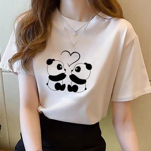 熊猫卡通印花夏季薄款透气流行上衣女短袖时尚学生青年打底衫T恤