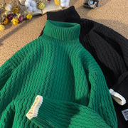 冬季绿色高领毛衣男生日系潮牌ins青少年，宽松套头线衣保暖针织衫