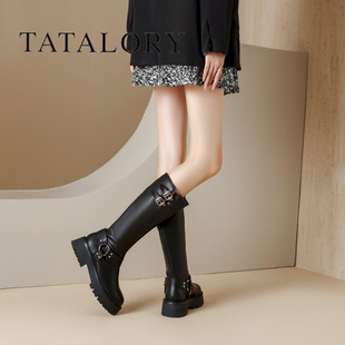 tatalory女靴高筒靴女骑士，靴厚底小个子不过膝长筒靴真皮中筒靴