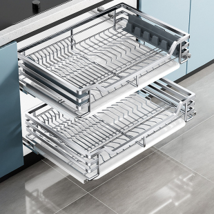 四季沐歌304不锈钢拉篮橱柜内收纳抽屉式厨房拉篮碗篮，碗碟架双层