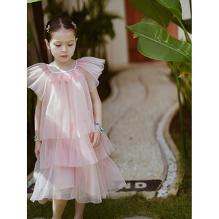 史豌豆(史豌豆)童装女童裙子，2024夏装连衣裙儿童，粉色百褶飞袖礼服纱裙