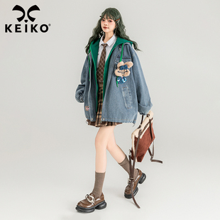 keiko韩系假两件式连帽牛仔外套，2024春季慵懒风显瘦oversize上衣