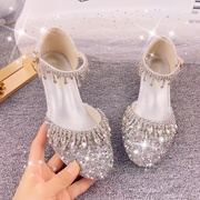 公主风儿童高跟鞋女童，凉鞋包头夏季皮鞋，2024年春秋银色水晶鞋