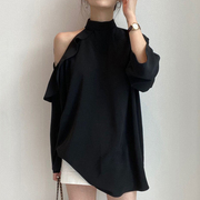 韩国设计感小众上衣荷叶边系带收腰显瘦立领雪纺长袖衬衫女露肩夏