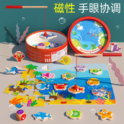 儿童益智钓鱼玩具海洋，磁性钓鱼桶双面木制一岁宝宝，玩具智力车