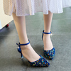 蓝色高跟鞋女2023年仙气法式小清新单鞋中跟细跟一字扣尖头鞋