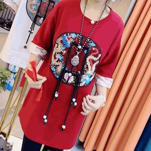 中式国潮风盘扣中长款T恤女设计感刺绣印花t恤大衫红色五分袖上衣