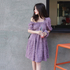 紫色肌理感方领法式宽松蛋糕裙减龄黑色娃娃裙孕妇连衣裙2024夏
