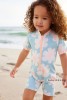 next儿童连体泳衣2024夏季女童，蓝色稚菊短袖，防晒泳装3月-7歲