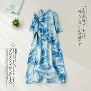 2022年夏女装(夏女装，)新中式复古国风改良旗袍，天蓝色印花中长款连衣裙