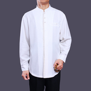 高档秋季男士中式长袖大码衬衫 民族风男唐装立领米白色长袖