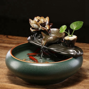 循环流水陶瓷鱼缸招财进宝生财摆件莲花创意流水，器茶台风水摆件