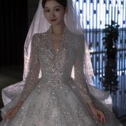 辰光 长袖主婚纱2022秋季新娘复古拖尾V领法式小个子婚纱