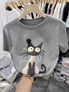 设计感卡通小猫图案印花短袖T恤女2024夏装洋气体恤衫上衣潮