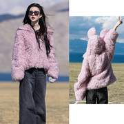 孟子义(孟子义)同款粉紫色，羊羔毛夹克(毛夹克)皮草外套，女兔耳朵连帽甜美短款上衣冬