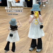 女童纯色无袖灯笼裙夏装2024韩版时髦儿童背心裙叠穿喇叭裤子