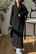 韩国高端黑色加厚双面羊毛羊绒大衣，加长款西装领白色毛呢外套女