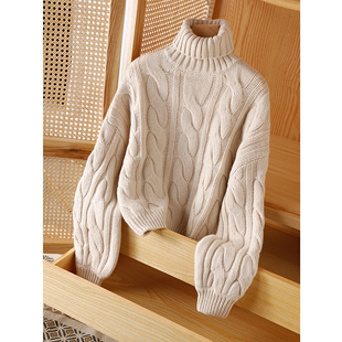 羊绒羊毛衫女短款加厚保暖秋冬装纯色扭花高领，套头针织衫宽松