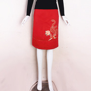 (捡漏m-xl)萍香韵儿2023冬季女式红色加棉半裙刺绣凤凰国风尾货
