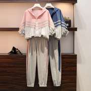 纯棉运动风休闲套装，女2023年夏季洋气，时尚宽松显瘦卫衣两件套