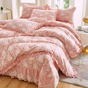 水洗棉麻床盖三件套双层纱床裙床罩四件套加棉床单四季通用防滑
