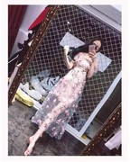 韩版夏季仙女装飞飞袖网纱刺绣花朵手工3D显瘦粉色长连衣裙子