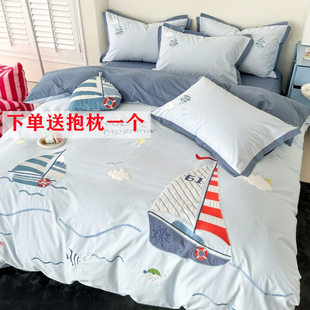 男孩帆船a类全棉水洗棉，四件套纯棉儿童，少年蓝色被套卡通床上用品