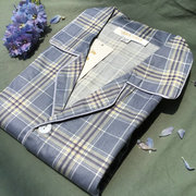 春夏季男士100%纯棉，梭织斜纹棉布睡衣，套装中老年爸爸长袖开衫大码