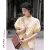 黄色短袖衬衫女夏季中式国风，复古盘扣衬衣气质，立领泡泡袖上衣