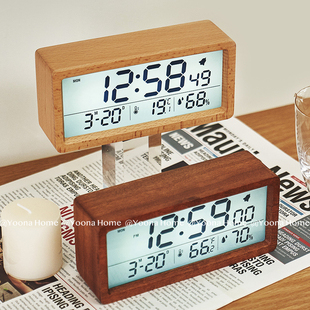 实木制作时钟，简约温湿度1906时钟夜光，床头钟大屏创意木头闹钟