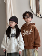 韩版男女童卫衣2023冬季儿童字母，加绒卫衣晕染时尚连帽上衣潮