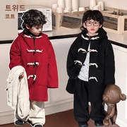 男童外套儿童呢子大衣2023冬季韩版羊角扣长款加棉连帽英伦风
