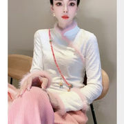 秋冬季新中式国风女装加绒打底衫女显瘦衬衣网红复古保暖绒衫T恤