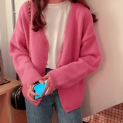 2023秋季韩版开衫毛衣女(毛衣女，)宽松外穿慵懒风，蜜桃粉玫红色针织外套