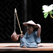 姜太公钓鱼翁老头小摆件，陶瓷人物鱼缸垂钓渔翁，茶具茶架装饰品造景