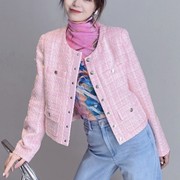 欧阿玛施女装2023秋季粉色圆领名媛风气质小香风短外套女