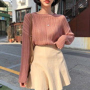 韩国chic春季简约复古圆领，缕空透视设计宽松百搭纯色，长袖t恤上衣