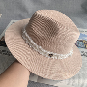 帽子夏季巴拿马礼帽m小众，洋气粉色草帽，逛街沙滩出游帽子女小香风