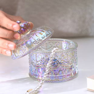 法式玻璃罐ins风彩色浮雕玻璃首饰盒复古糖果罐子摆件小精致